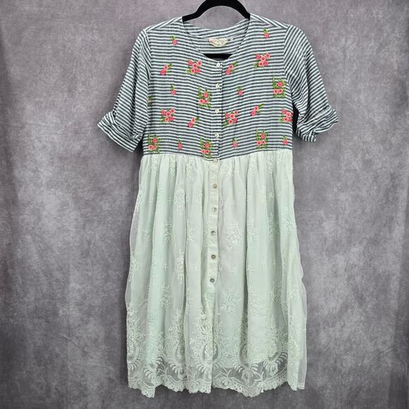 🔵 02. Bombay Paisley Blue Striped Lace Knee Length Button Down Dress Size XS - Picture 1 of 6